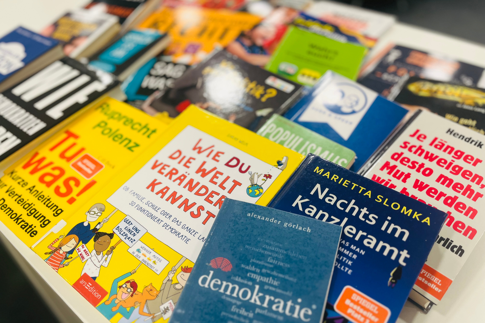 Auf dem Foto sind viele verschiedene Buchcover zu sehen rund um die Themen Demokratie und Wahlen.